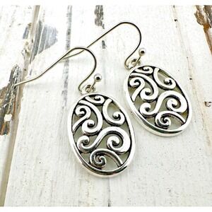 Carved Filigree Oval Earrings Silver Tone